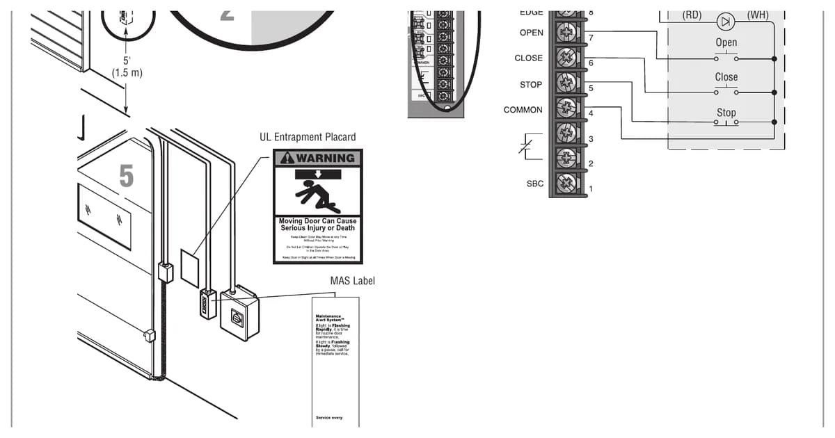 LiftMaster 3-button control station with Maintenance Alert LED wiring from the Logic 5.0 manual