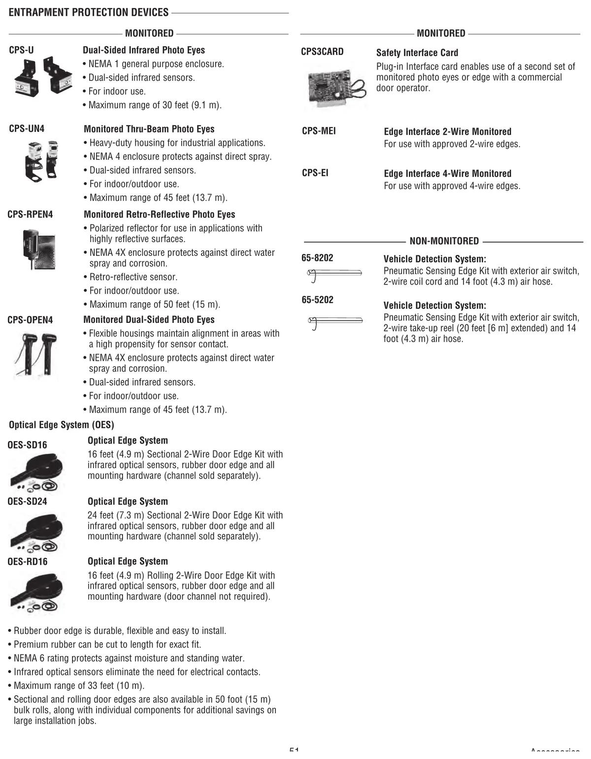 LiftMaster commercial entrapment protection accessories including CPS photo eyes, edge interfaces and optical edge kits