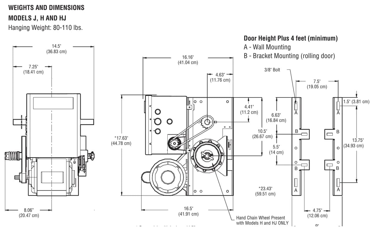 LiftMaster J, H and HJ operator dimension drawing from the Logic 5.0 installation manual