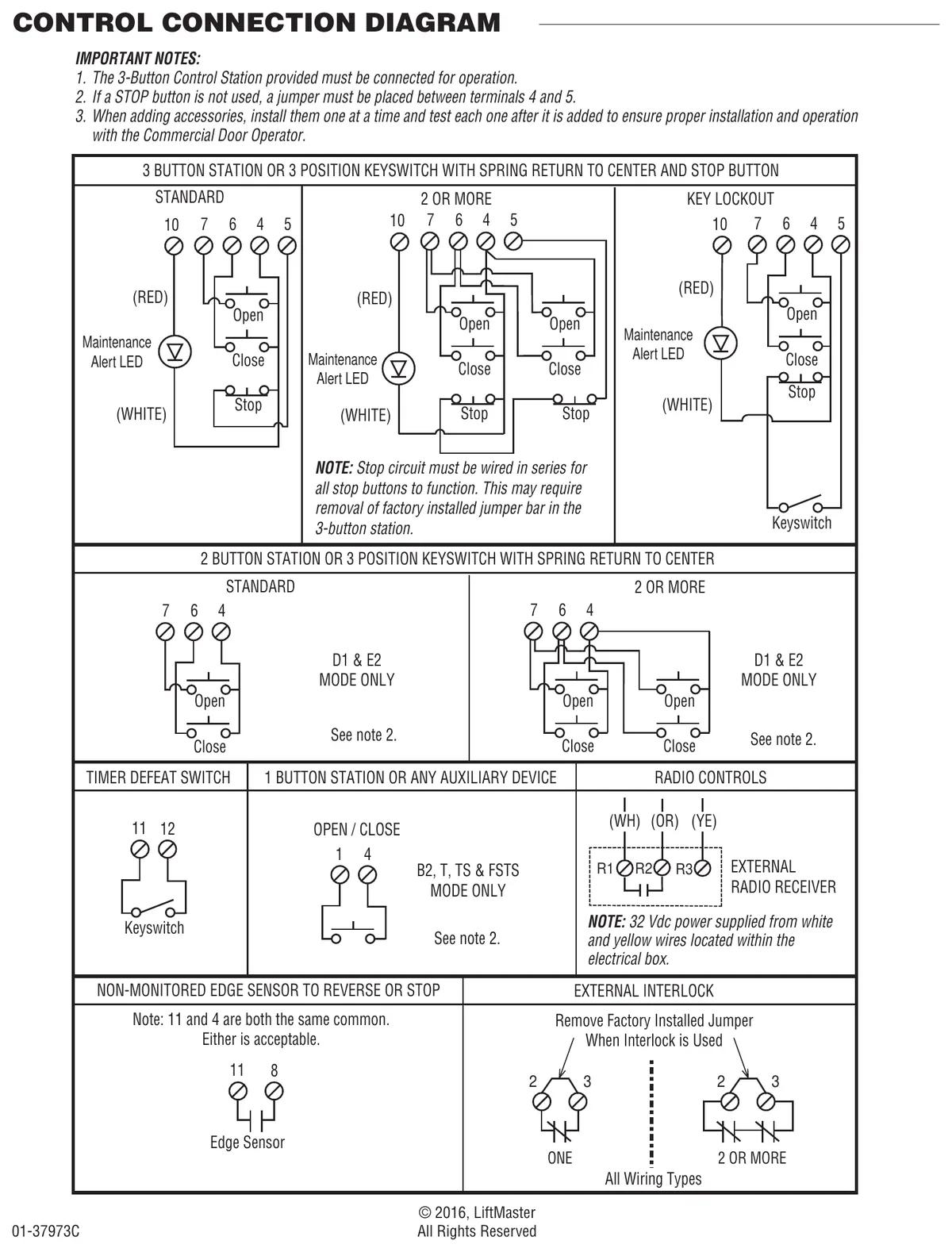 LiftMaster Logic 5.0 control connection diagram including timer defeat switch on terminals 11 and 12