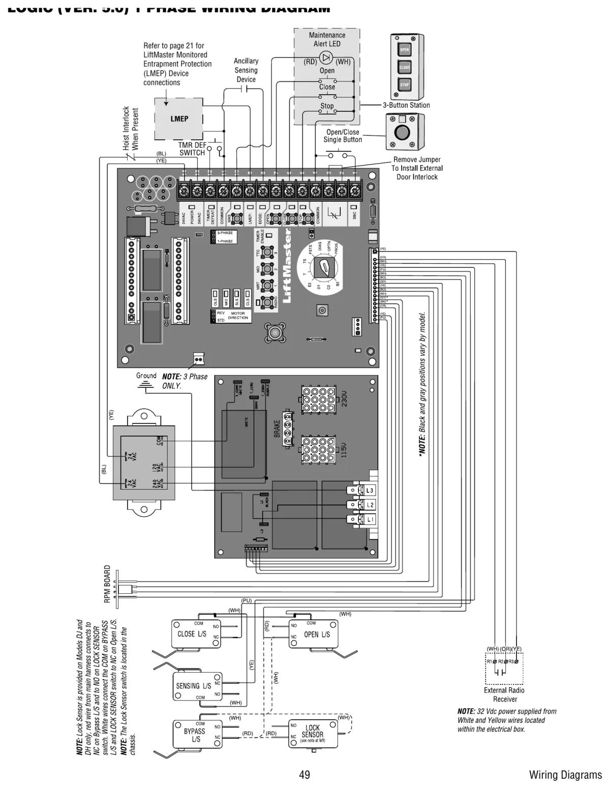 LiftMaster Logic 5.0 single phase wiring diagram showing logic board, power board and limit switch connections