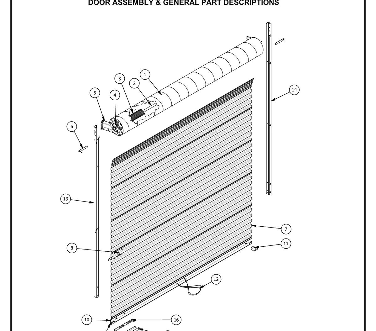 Amarr 5101 rolling sheet door assembly drawing showing spiral barrel, axle, spring counterbalance, ratchet spring tensioner and guides