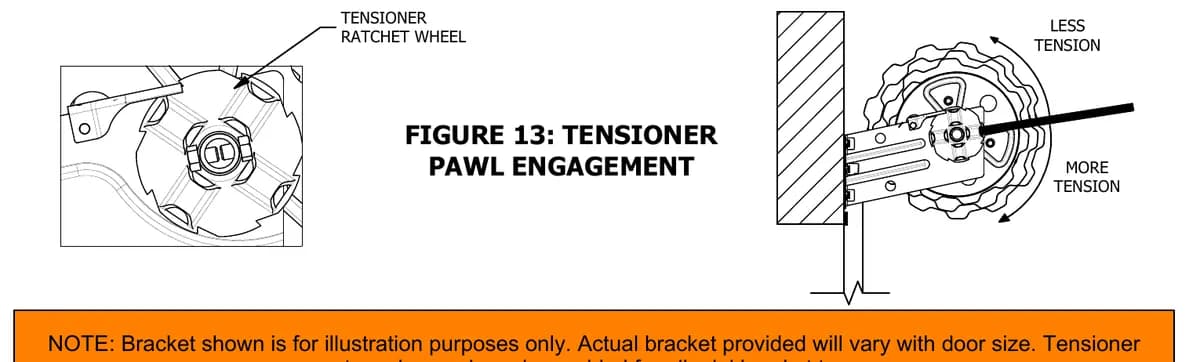 Amarr 5101 tensioner pawl engagement figure showing the ratchet wheel turned for more tension or less tension