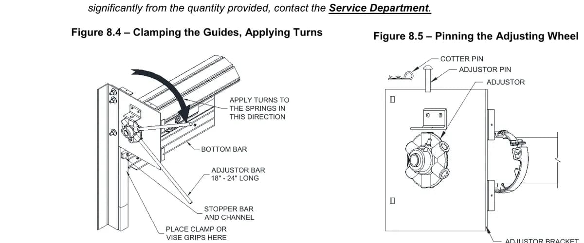 Amarr figures for clamping the rolling door guides while applying turns and pinning the adjusting wheel