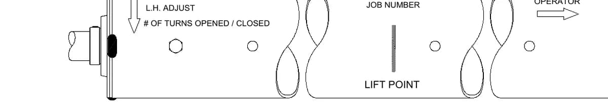 Amarr rolling door barrel spring assembly markings showing left hand adjust, number of turns opened and closed, job number and lift point