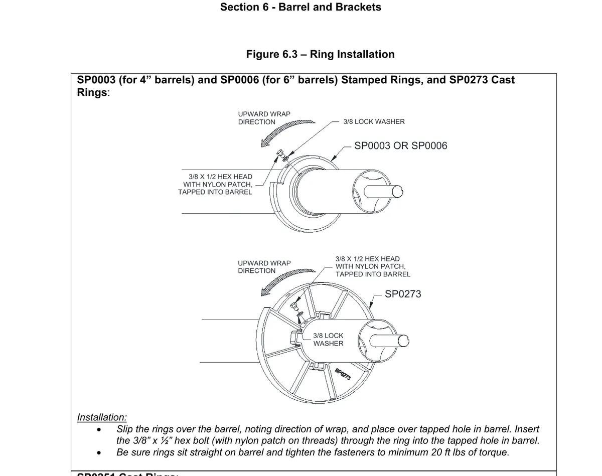 Amarr SP0003, SP0006 and SP0273 rings for 4 and 6 inch rolling door barrels from the 4000 and 4100 manual