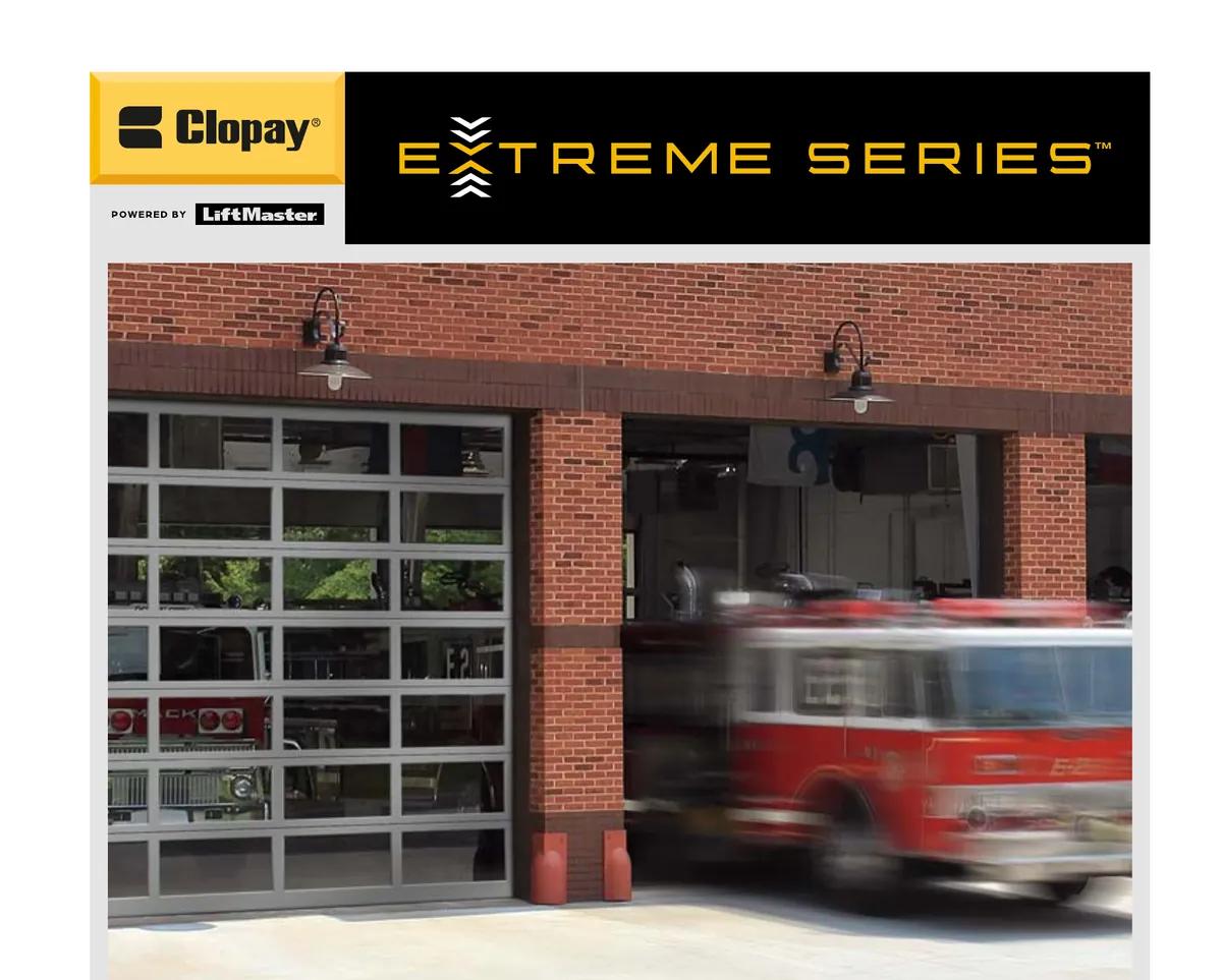 Clopay Extreme Series high cycle commercial sectional door on a fire hall bay, where spring cycle life matters most