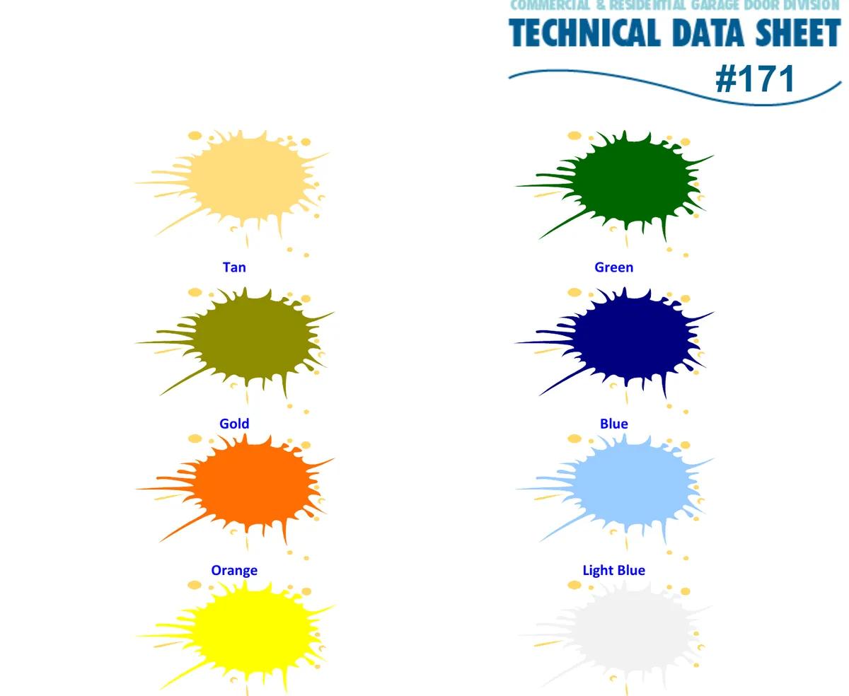 DASMA TDS 171 spring paint colour swatches including tan, gold, orange, yellow, green, blue and light blue
