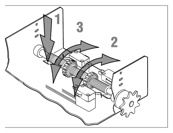 LiftMaster Logic 5.0 limit nut adjustment showing retaining plate and limit nuts on the threaded shaft