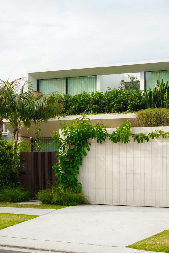 Contemporary home exterior with greenery and palm trees, showcasing modern architecture.
